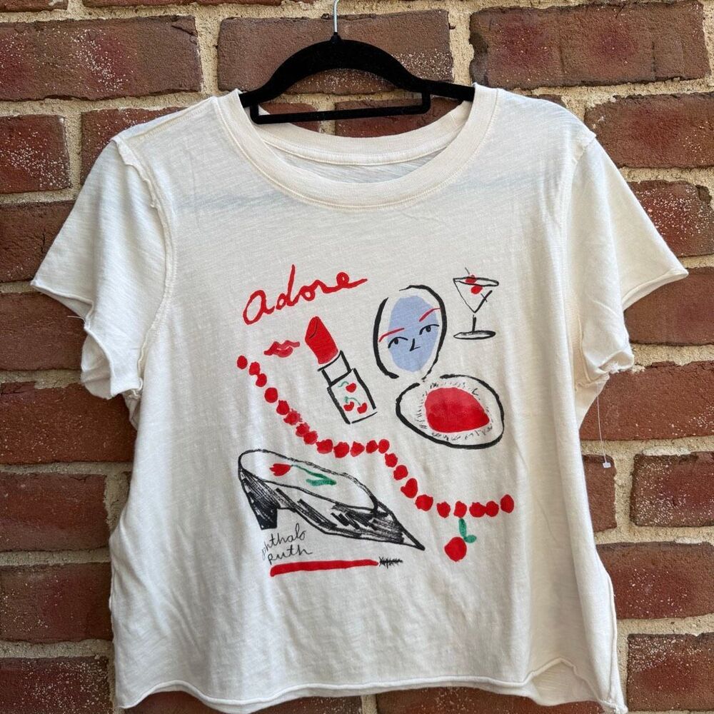 Anthropologie Maeve x Phthalo Ruth Adore Graphic Tee Cotton Boxy small petite NE - Picture 2 of 10